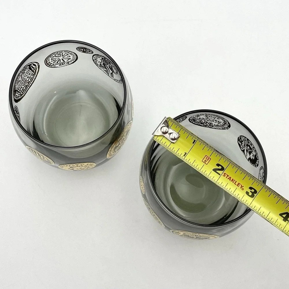 Vintage 1971 Federal Glass Roma Coins Roly Poly Tumblers‎ Set Of 2 Smoky Gray